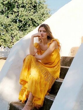Anthropologie Yellow Ruffled Maxi Dress